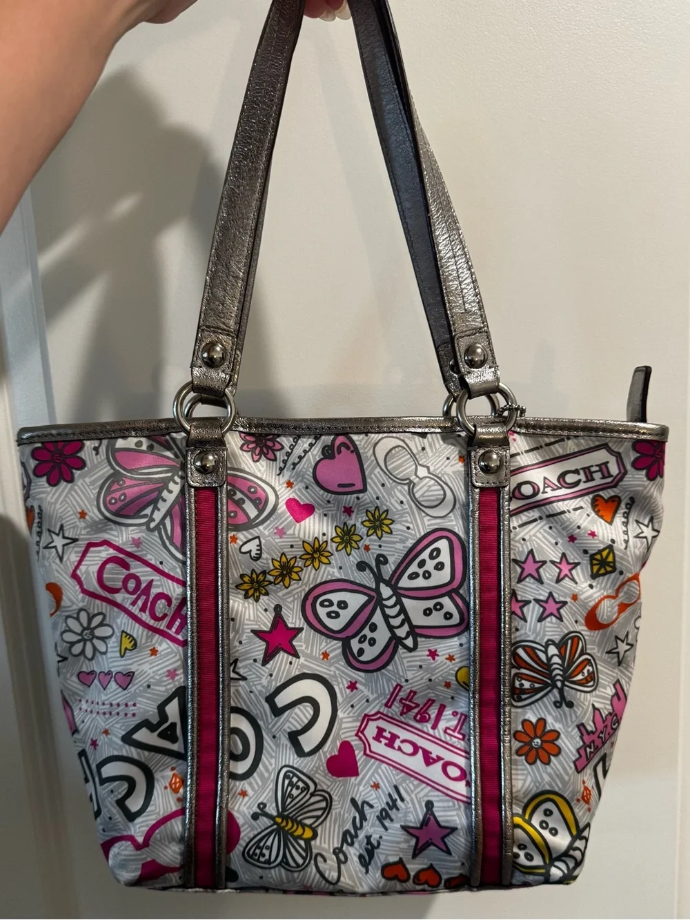 Coach Poppy Metallic Silver Tote with Pink Accent and Butterfly Print